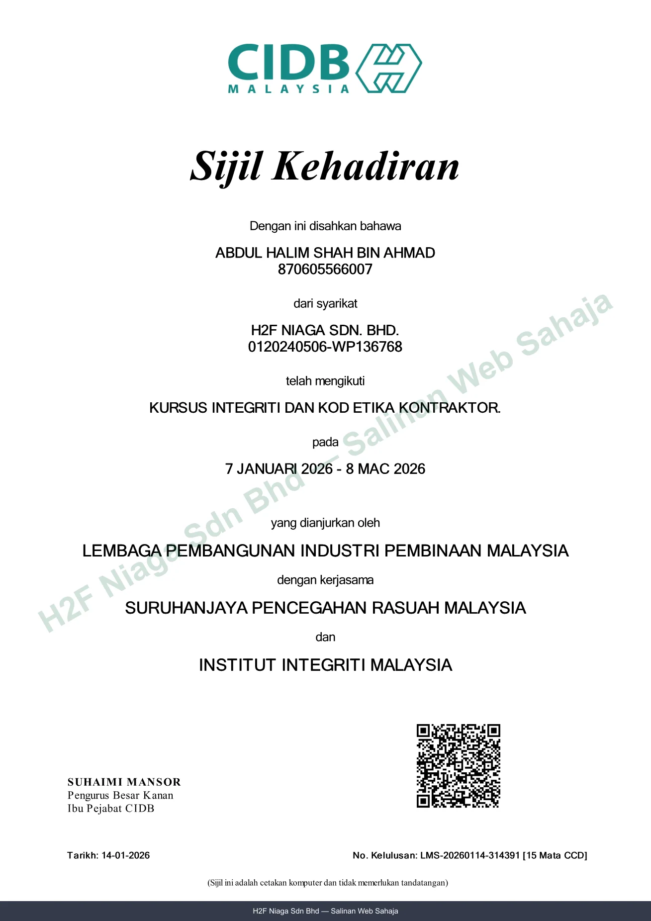 Kursus Integriti CIDB