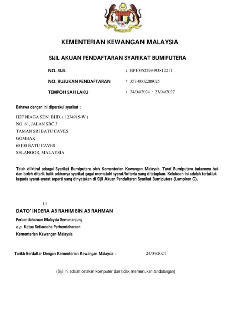 Sijil MOF Syarikat Bumiputera